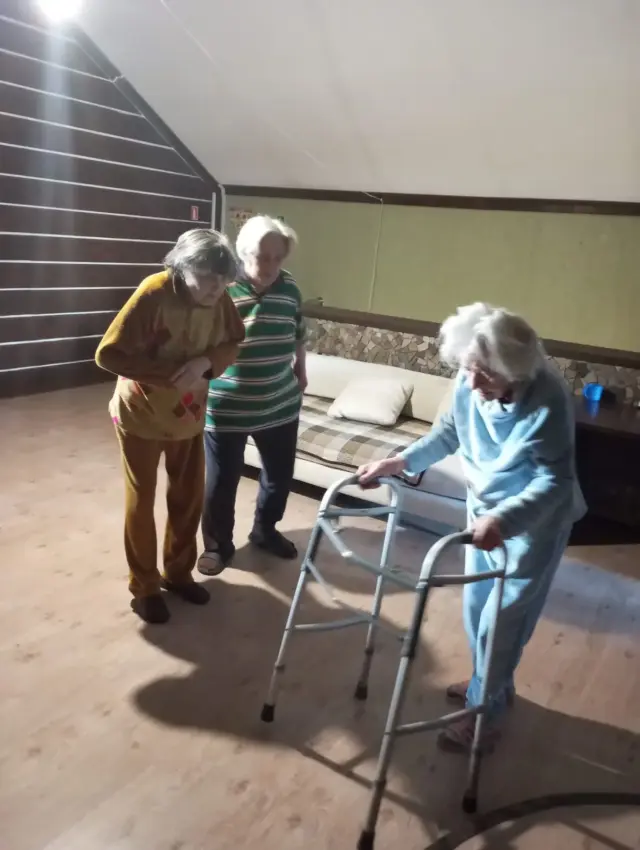 Троє літніх мешканців у затишній мансардній вітальні: сивочола жінка пересувається з ходунками, ще двоє стоять поруч біля світлого дивана. Кімната з дерев'яним оздобленням стін.