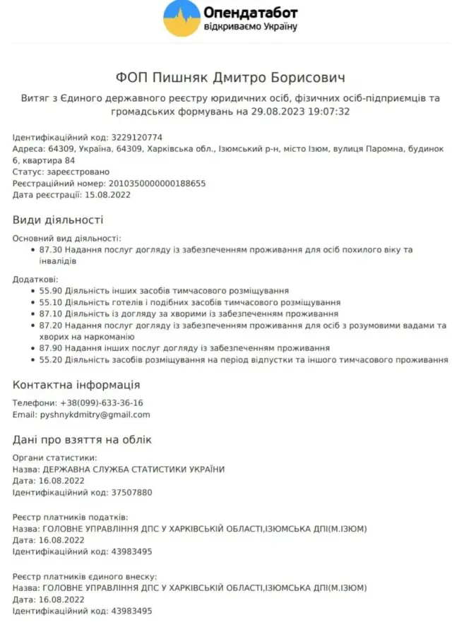 Витяг з Єдиного державного реєстру (сервіс Опендатабот) про реєстрацію ФОП Пишняка Дмитра Борисовича з основним видом діяльності 87.30 — надання послуг догляду із забезпеченням проживання для осіб похилого віку та інвалідів.